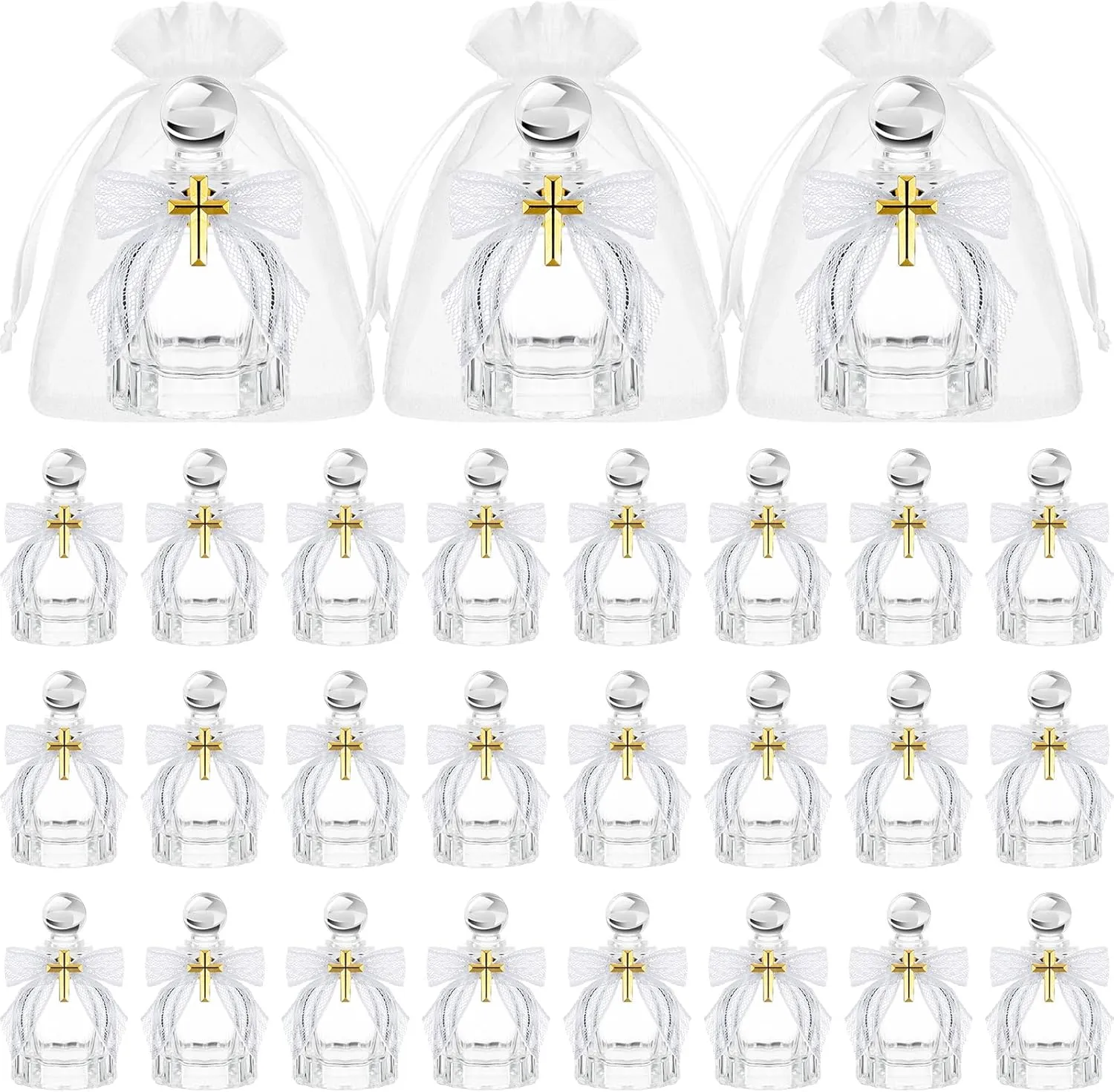 Holy Water Bottles Catholic Bulk Glass Baptism Favors for Guests Christian Water Container with Cross Organza Bags Bow for Holy Communion Gifts Church Wedding Baptism (White,24 Set)