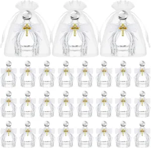 Holy Water Bottles Catholic Bulk Glass Baptism Favors for Guests Christian Water Container with Cross Organza Bags Bow for Holy Communion Gifts Church Wedding Baptism (White,24 Set)