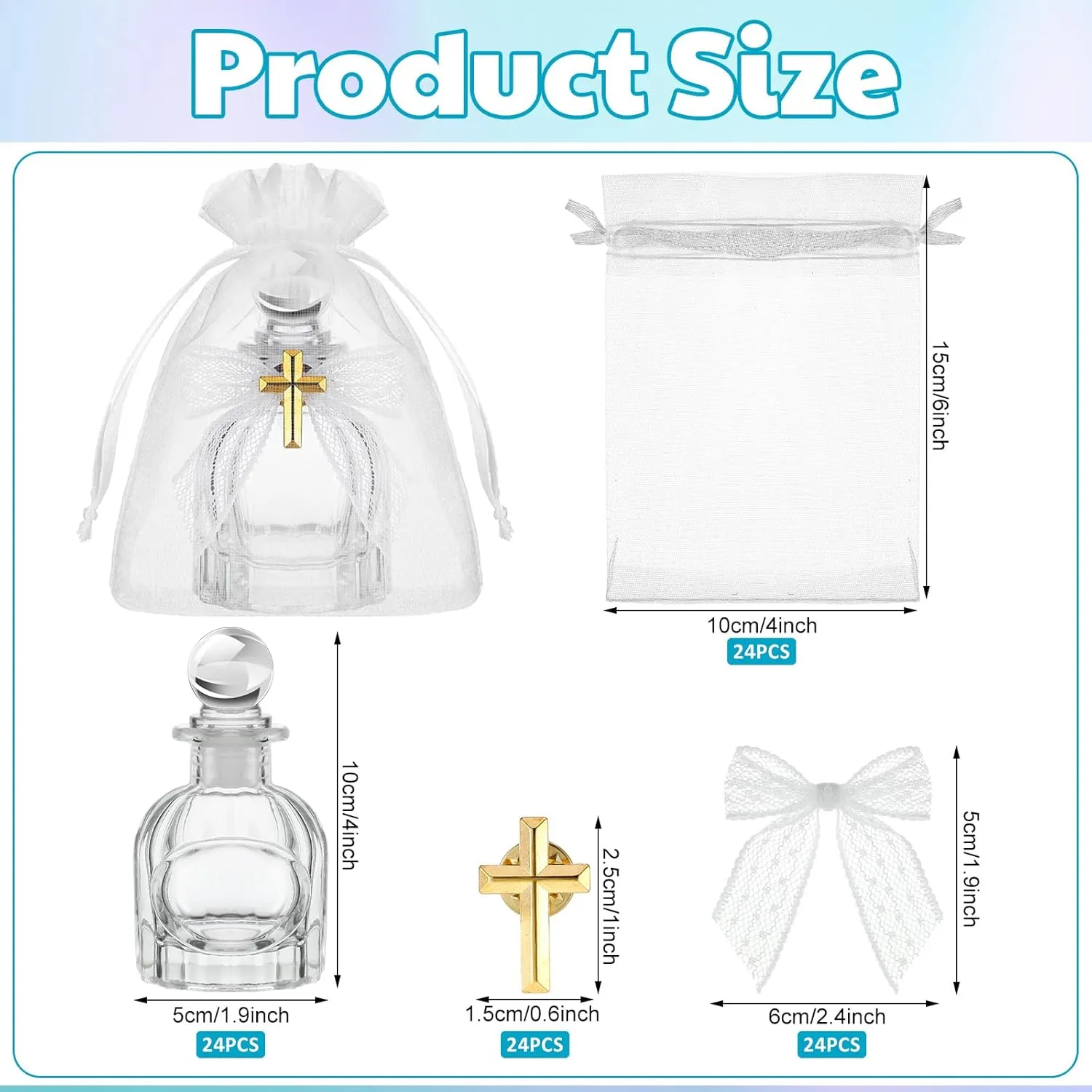 Holy Water Bottles Catholic Bulk Glass Baptism Favors for Guests Christian Water Container with Cross Organza Bags Bow for Holy Communion Gifts Church Wedding Baptism (White,24 Set)