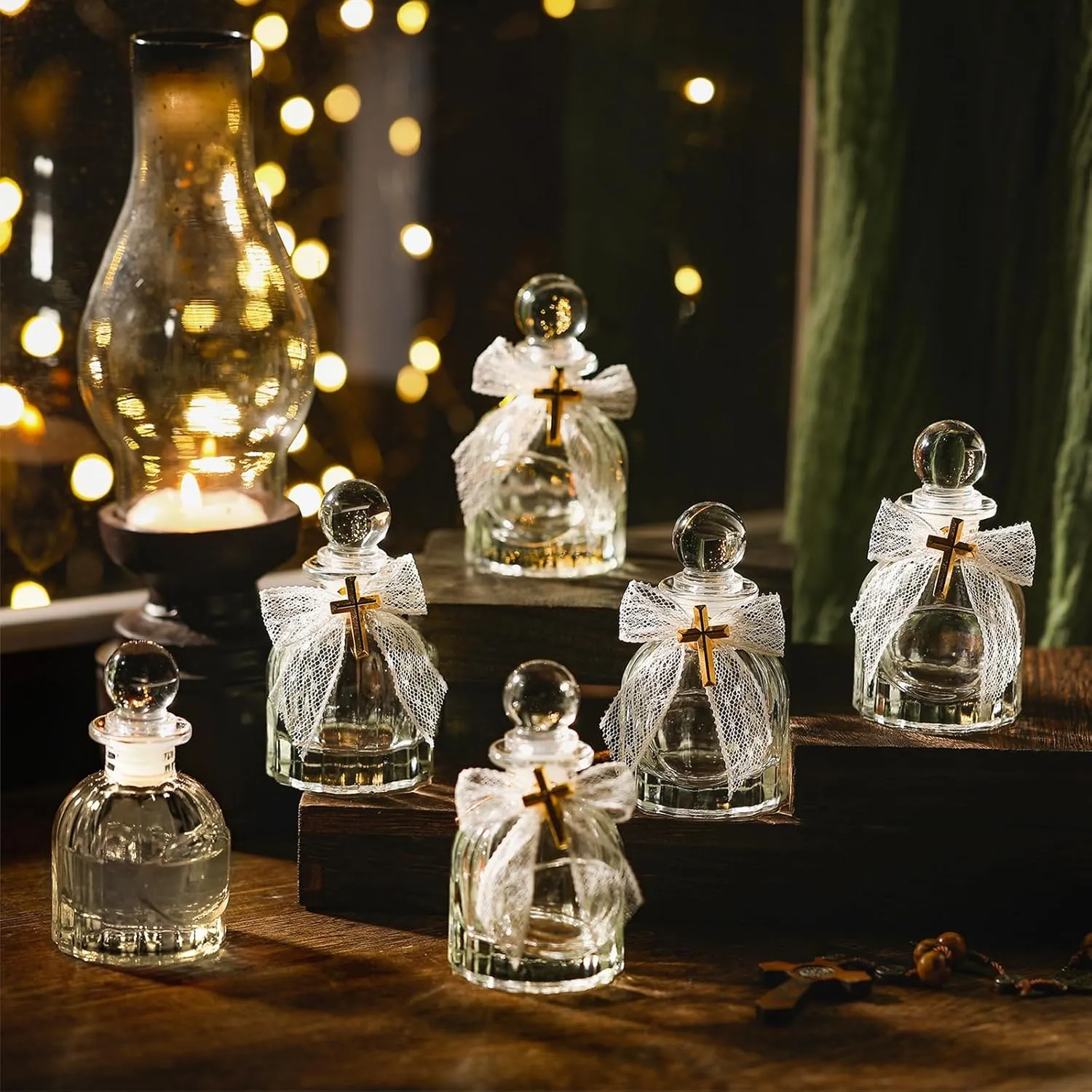 Holy Water Bottles Catholic Bulk Glass Baptism Favors for Guests Christian Water Container with Cross Organza Bags Bow for Holy Communion Gifts Church Wedding Baptism (White,24 Set)