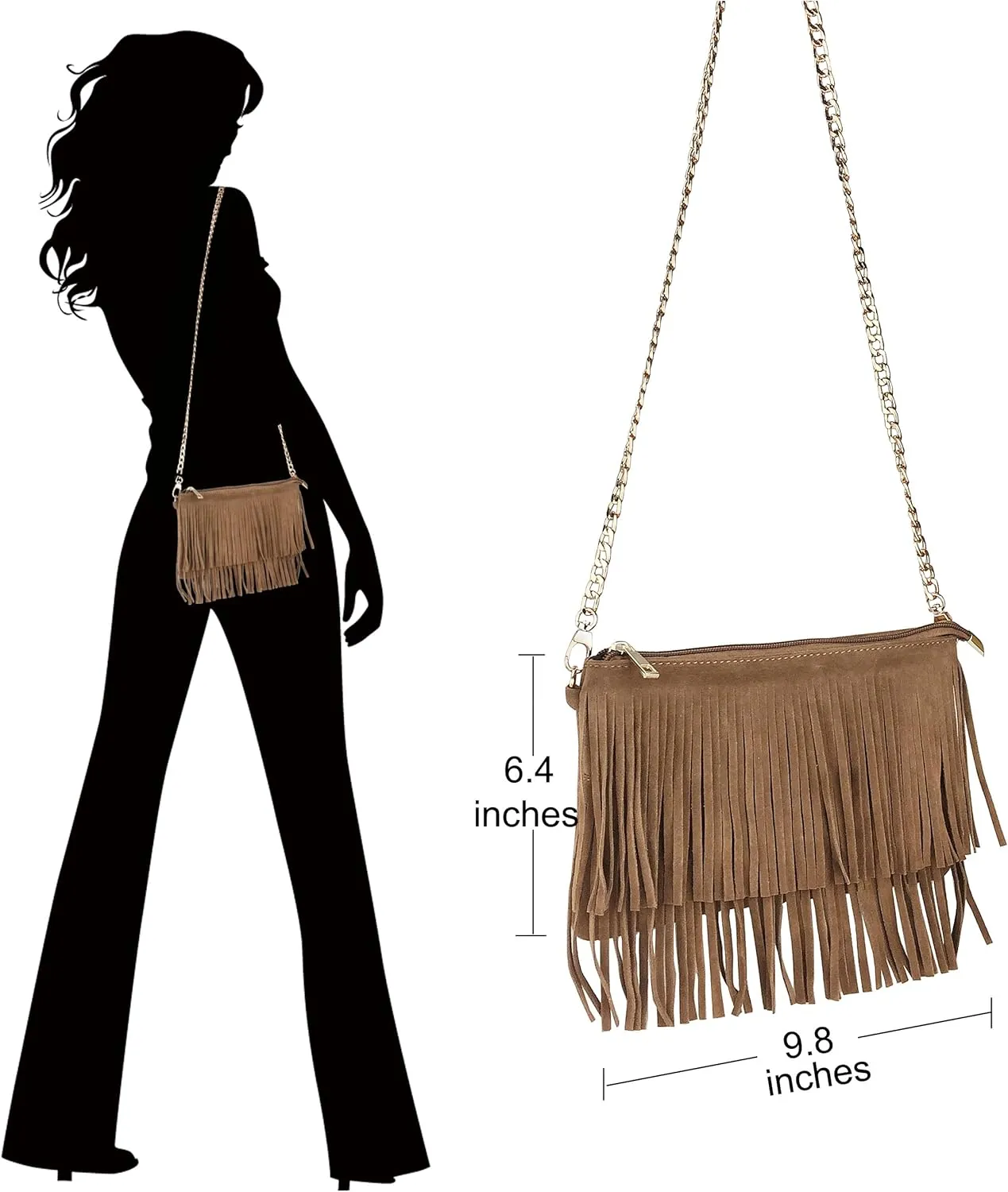 HOXIS Fringe Cross Body Bag Womens Small Shoulder Bag Top Zip Wristlet