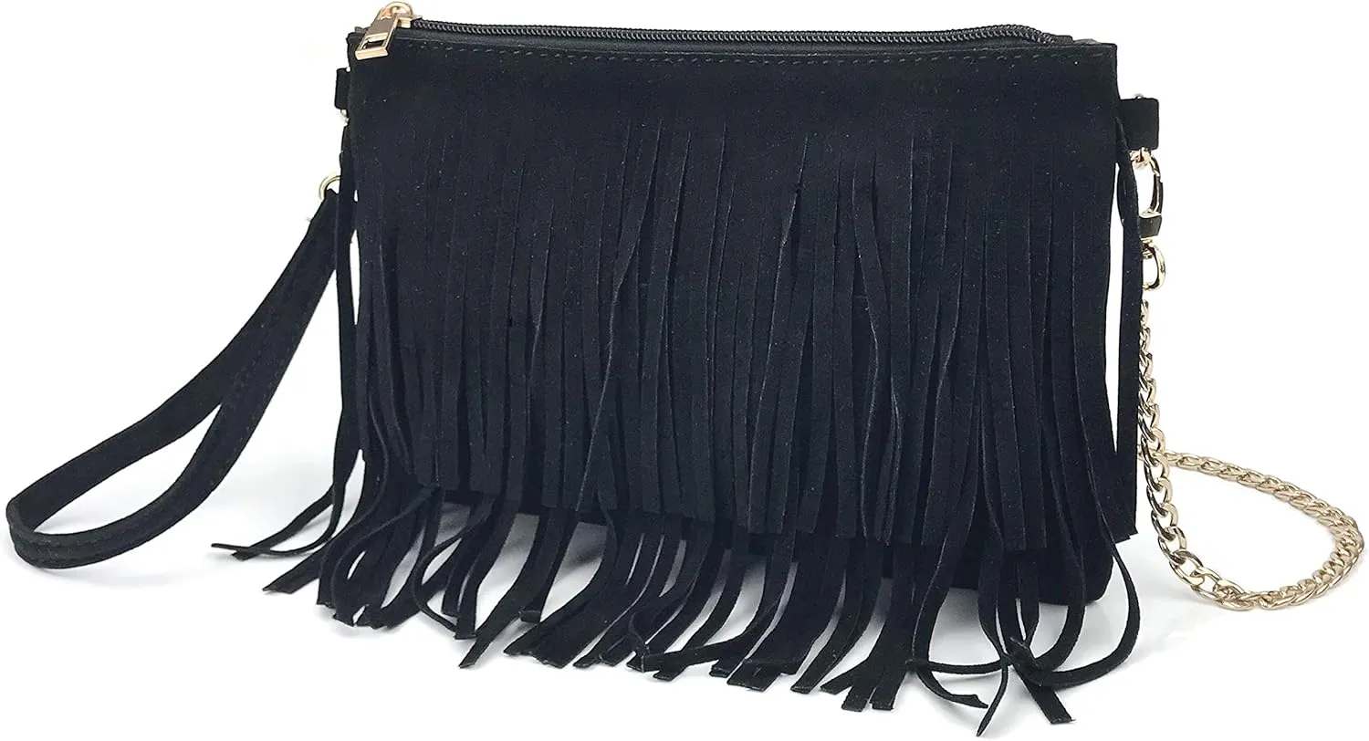 HOXIS Fringe Cross Body Bag Womens Small Shoulder Bag Top Zip Wristlet