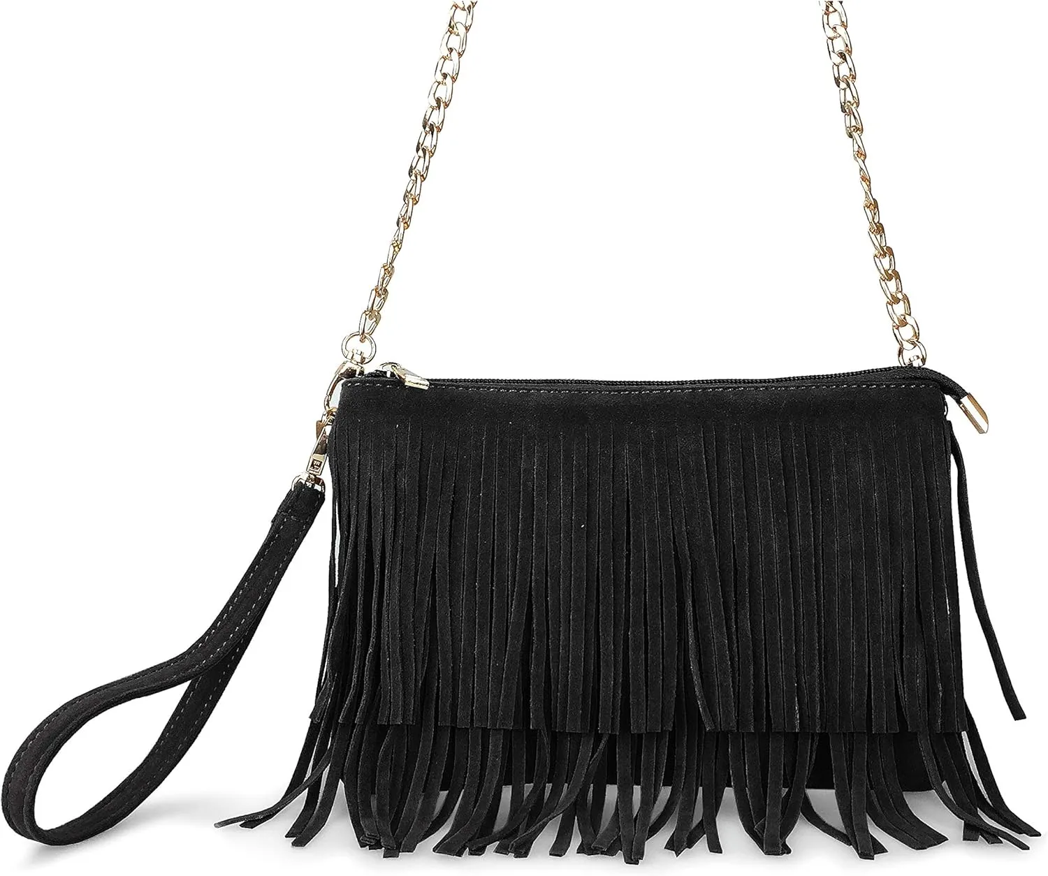HOXIS Fringe Cross Body Bag Womens Small Shoulder Bag Top Zip Wristlet