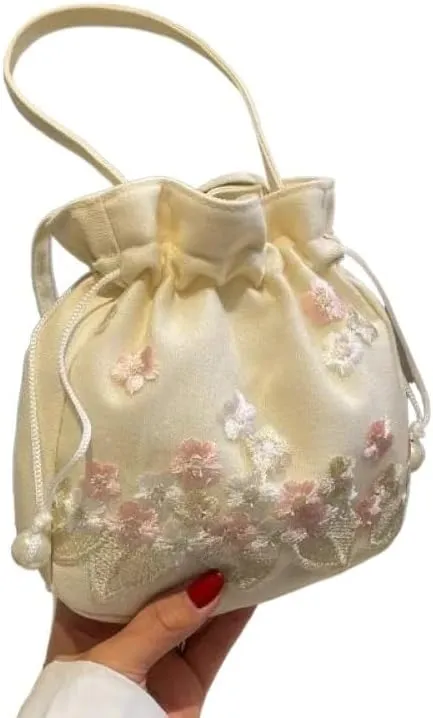 HUFFA Chinese Style Retro Flower Embroidery Crossbody Top-Handle Bags Women Shoulder Lace Drawstring Bucket Bag Coin Purses Handbags (Color : Pink)