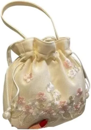 HUFFA Chinese Style Retro Flower Embroidery Crossbody Top-Handle Bags Women Shoulder Lace Drawstring Bucket Bag Coin Purses Handbags (Color : Pink)