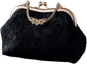 HUFFA Vintage Classic Lace Bag Wedding Shell Lock Bags Women Shoulder Crossbody Bag Chain Women's Handbags Purses (Color : B Black, Size : 26CMX16CMX11CM)