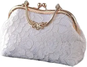 HUFFA Vintage Classic Lace Bag Wedding Shell Lock Bags Women Shoulder Crossbody Bag Chain Women's Handbags Purses (Color : Metal Shell B White, Size : 26CM)