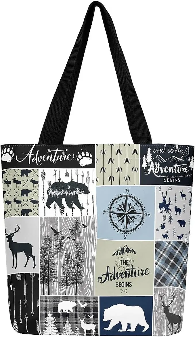 Hunting Deer Canvas Tote Bag Farmhouse Rustic Tote Bag Wildlife Bear Shopping Grocery Bags