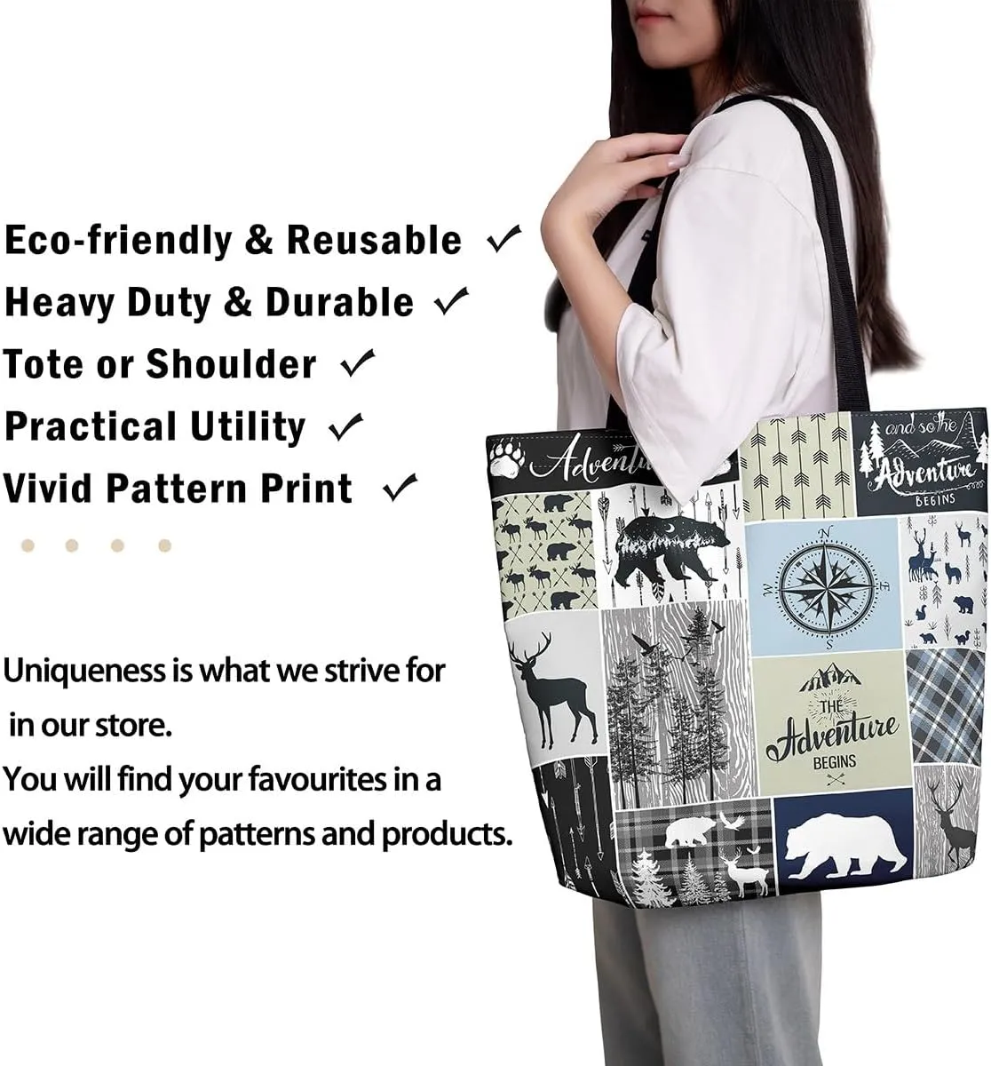 Hunting Deer Canvas Tote Bag Farmhouse Rustic Tote Bag Wildlife Bear Shopping Grocery Bags