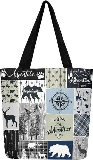 Hunting Deer Canvas Tote Bag Farmhouse Rustic Tote Bag Wildlife Bear Shopping Grocery Bags