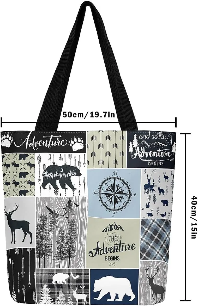 Hunting Deer Canvas Tote Bag Farmhouse Rustic Tote Bag Wildlife Bear Shopping Grocery Bags