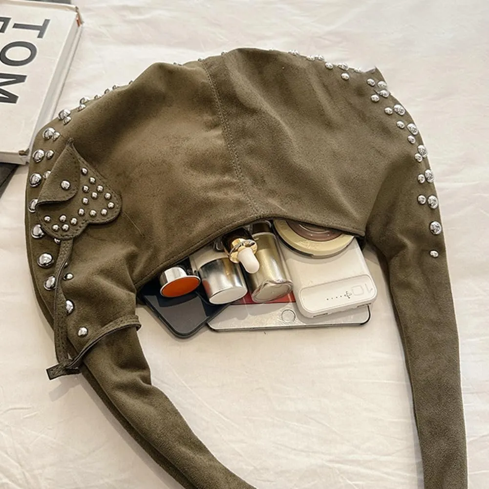Hycurey Casual Retro Handbags for Women Fashionable Rivet Details Underarm Bag Suede Material Dumpling Bags for Daily Life