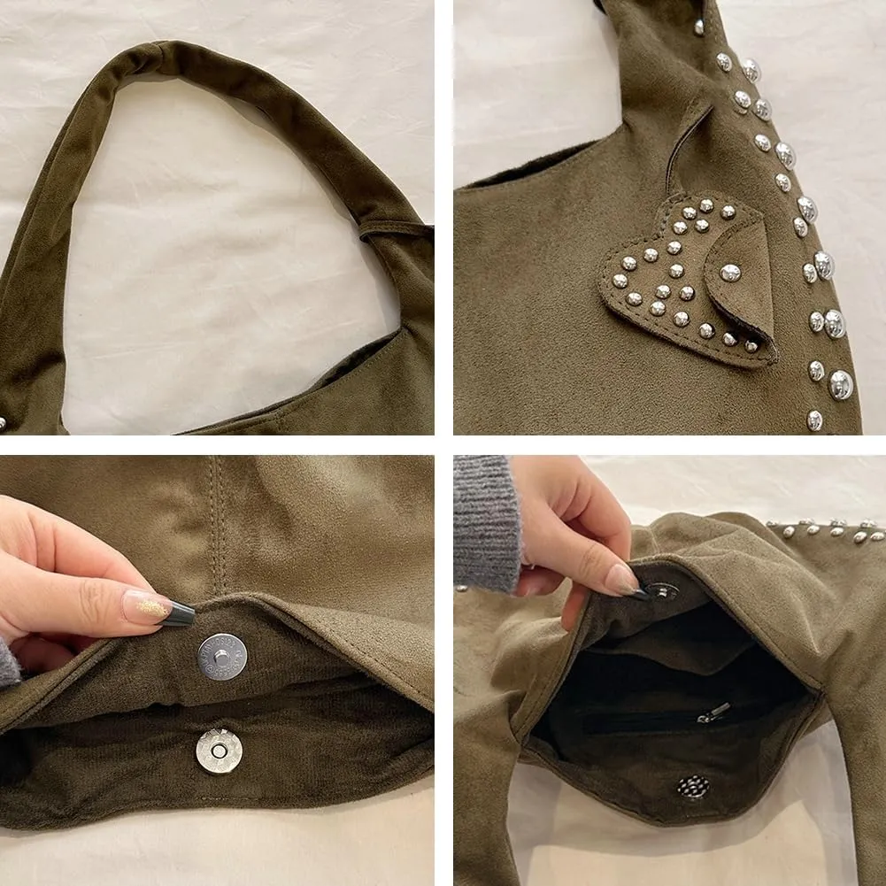 Hycurey Casual Retro Handbags for Women Fashionable Rivet Details Underarm Bag Suede Material Dumpling Bags for Daily Life