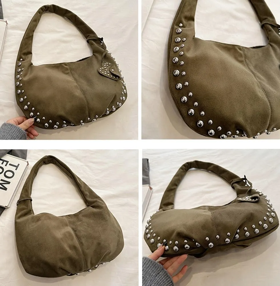 Hycurey Casual Retro Handbags for Women Fashionable Rivet Details Underarm Bag Suede Material Dumpling Bags for Daily Life