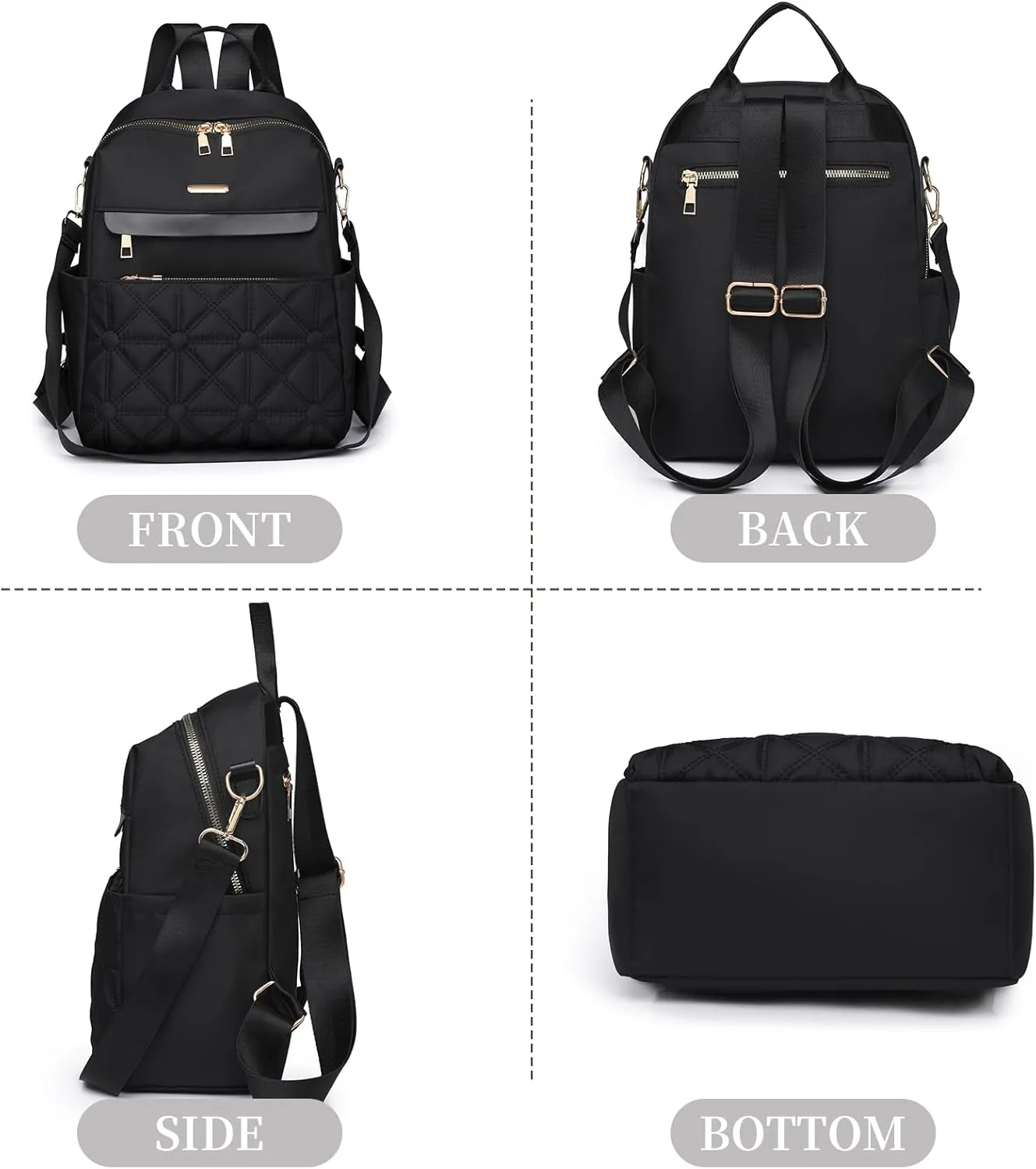 I IHAYNER Nylon Backpack Purse for Women Fashion Multipurpose Handbag Ladies Shoulder Bags Quilted Casual Travel Backpack Black
