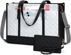 IGOLUMON Laptop Bag for Women 15.6 Inch Vegan Leather Work Tote Bag Quilted Womens Briefcase Designer Laptop Bags for Office Teacher College Cute Computer Bag with Purse Professional Black with White