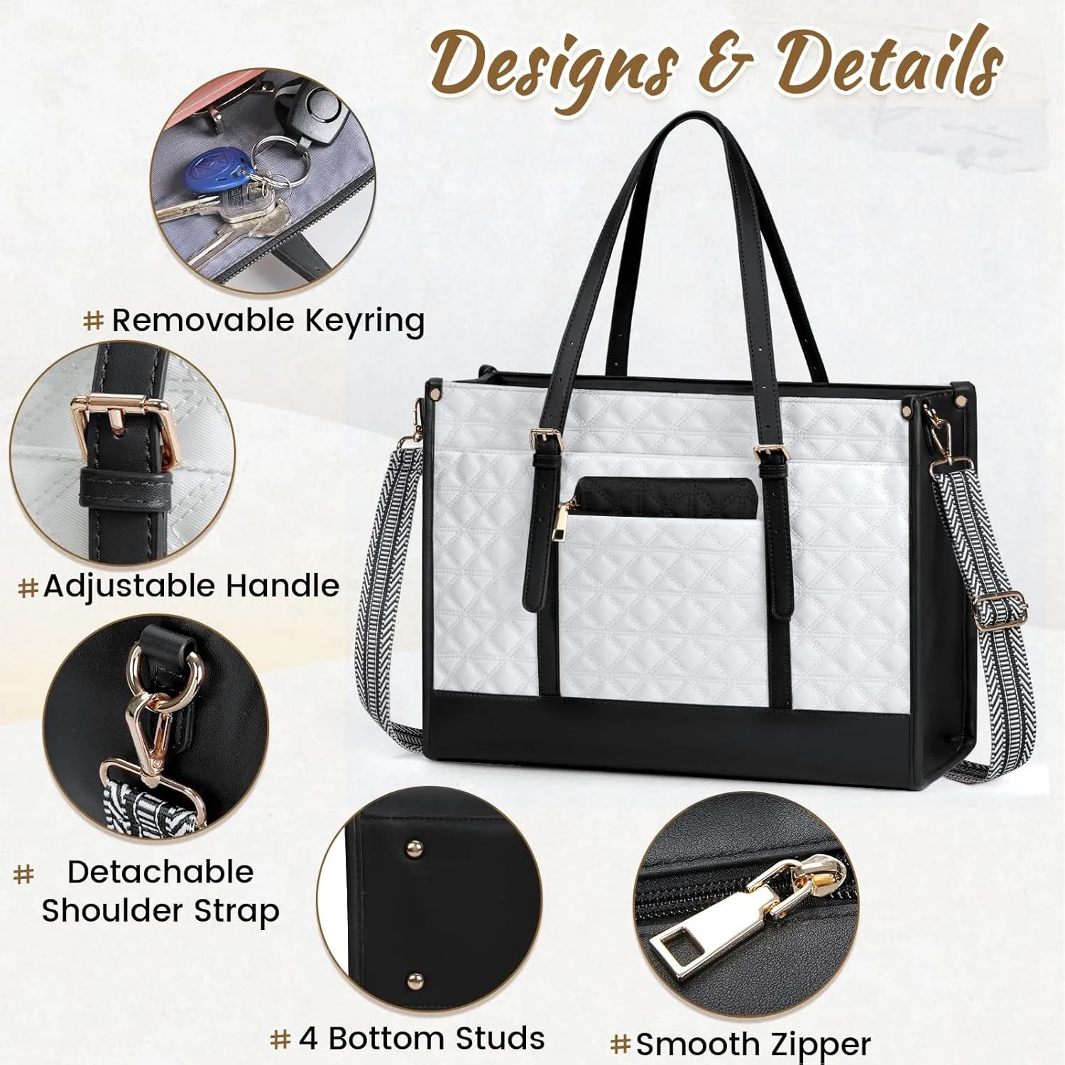IGOLUMON Laptop Bag for Women 15.6 Inch Vegan Leather Work Tote Bag Quilted Womens Briefcase Designer Laptop Bags for Office Teacher College Cute Computer Bag with Purse Professional Black with White