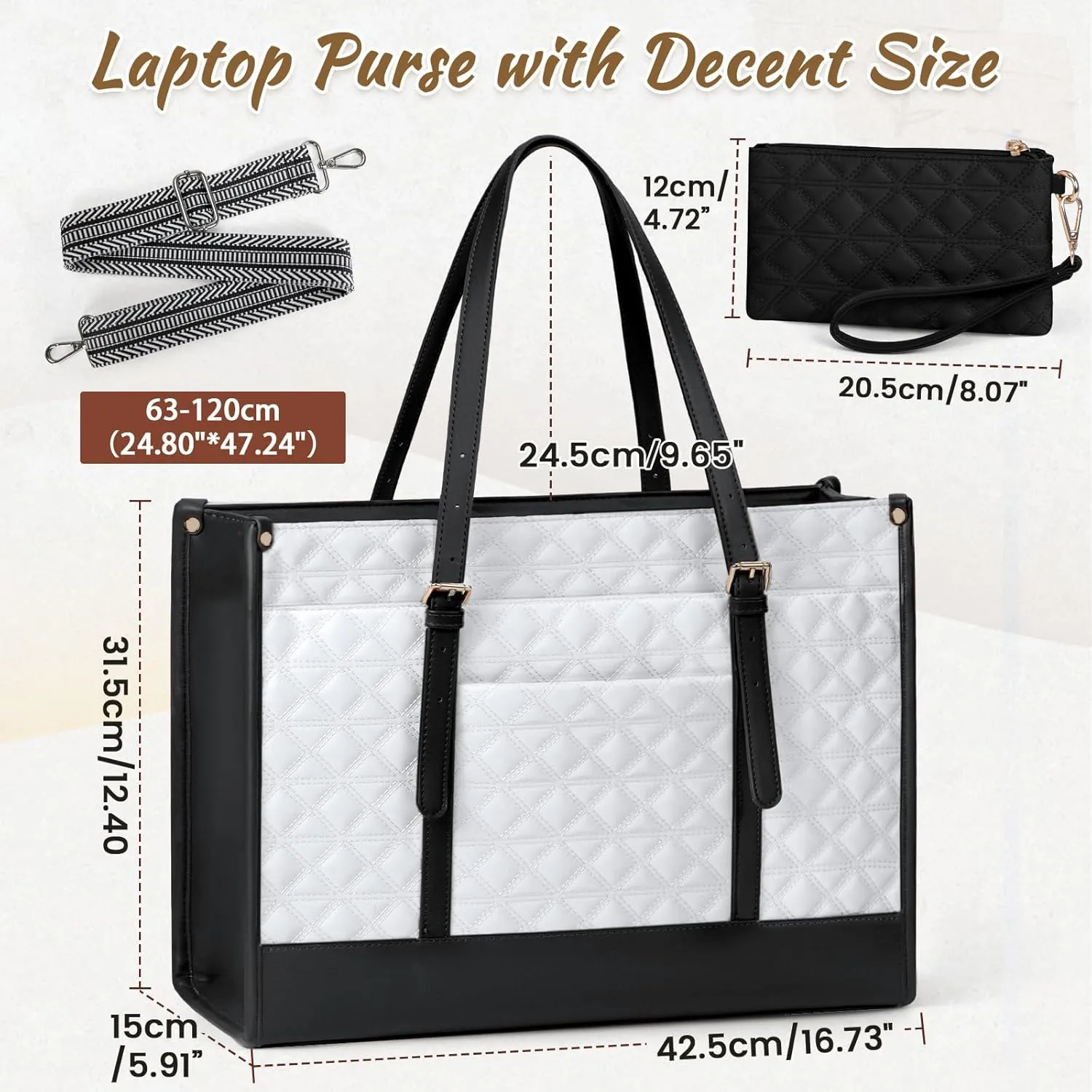 IGOLUMON Laptop Bag for Women 15.6 Inch Vegan Leather Work Tote Bag Quilted Womens Briefcase Designer Laptop Bags for Office Teacher College Cute Computer Bag with Purse Professional Black with White