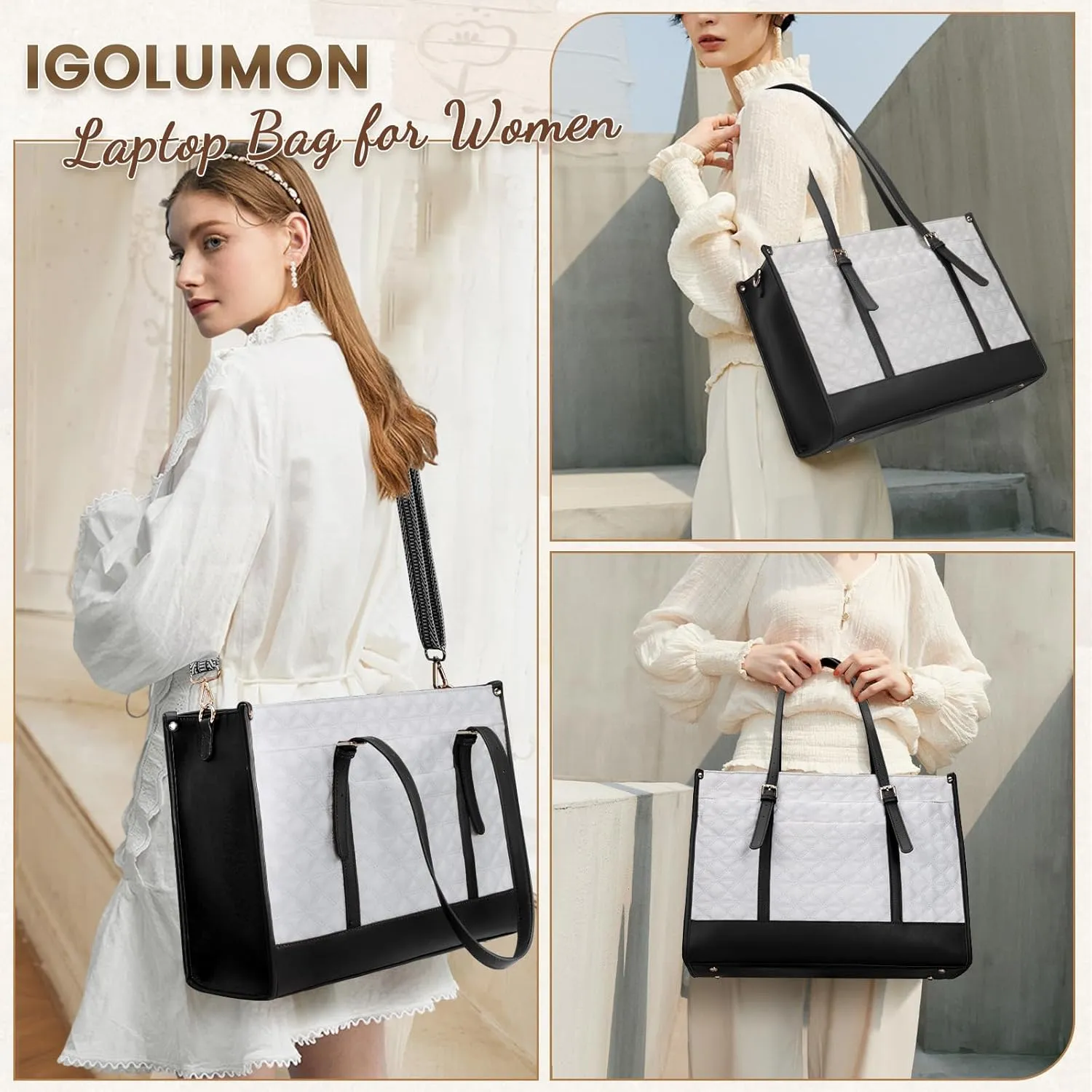 IGOLUMON Laptop Bag for Women 15.6 Inch Vegan Leather Work Tote Bag Quilted Womens Briefcase Designer Laptop Bags for Office Teacher College Cute Computer Bag with Purse Professional Black with White