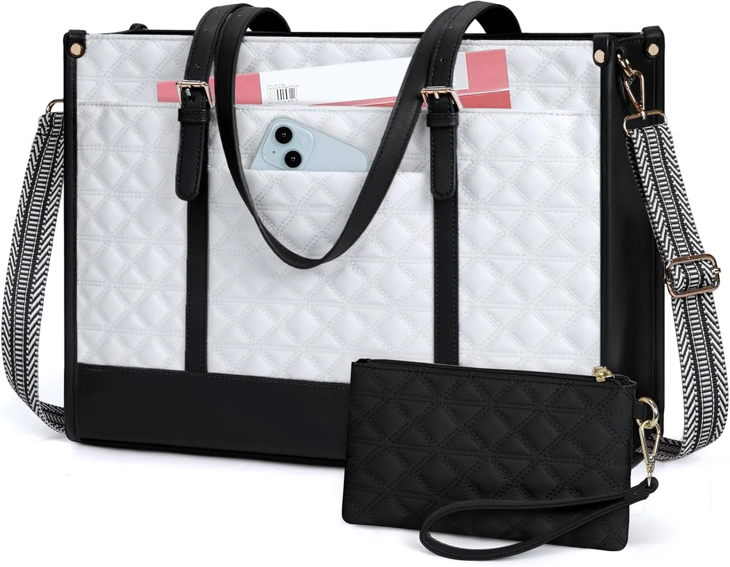 IGOLUMON Laptop Bag for Women 15.6 Inch Vegan Leather Work Tote Bag Quilted Womens Briefcase Designer Laptop Bags for Office Teacher College Cute Computer Bag with Purse Professional Black with White