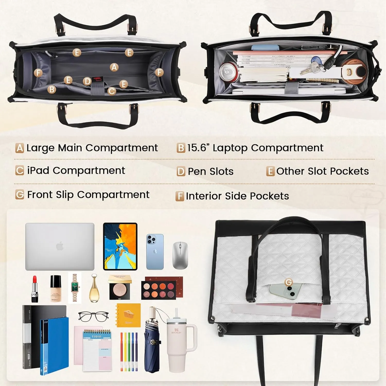 IGOLUMON Laptop Bag for Women 15.6 Inch Vegan Leather Work Tote Bag Quilted Womens Briefcase Designer Laptop Bags for Office Teacher College Cute Computer Bag with Purse Professional Black with White