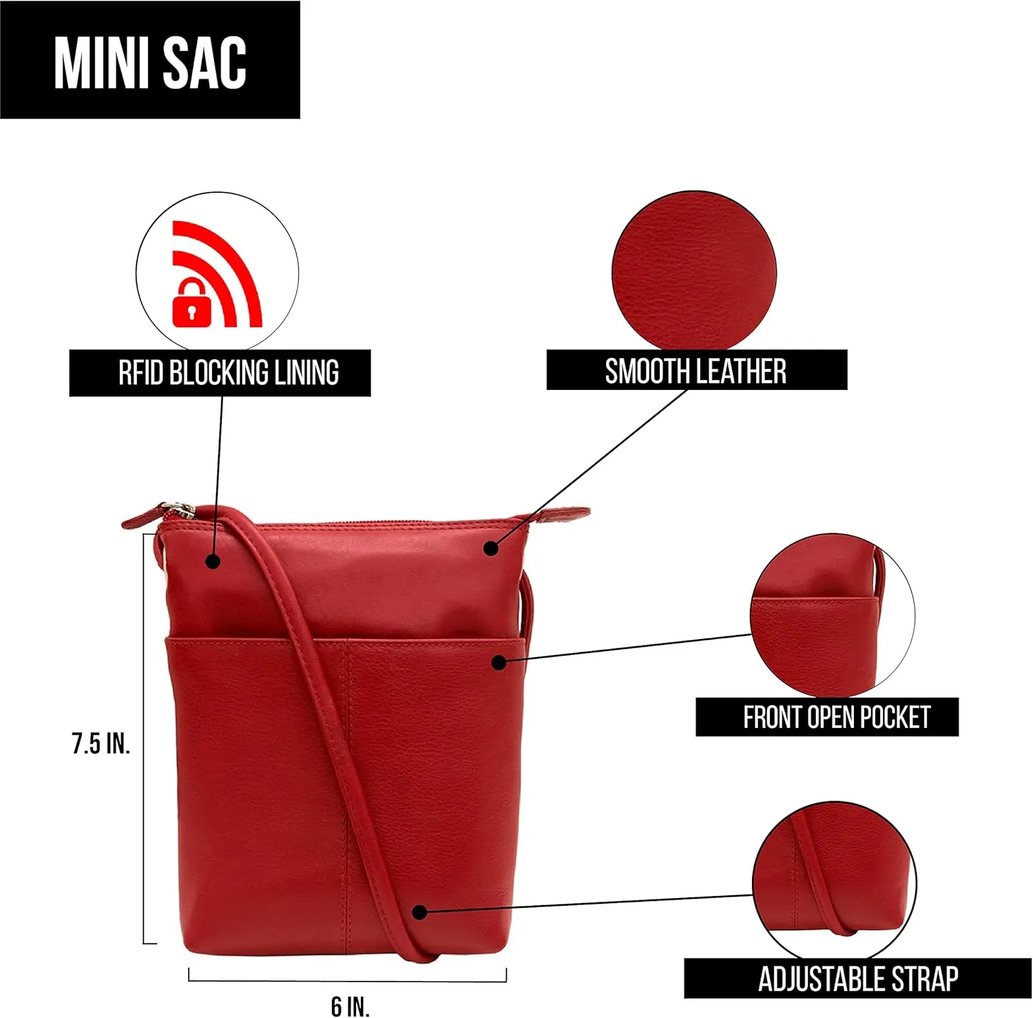 ili New York Leather Mini Sac Crossbody - Genuine Leather Crossbody Bags for Women with RFID Blocking, Adjustable Strap