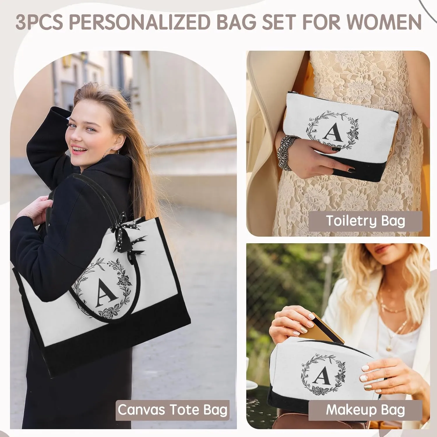 Initial Canvas Tote Bag, Birthday Gifts for Women, Monogrammed Beach Tote Bag for Mom Daughter Sister