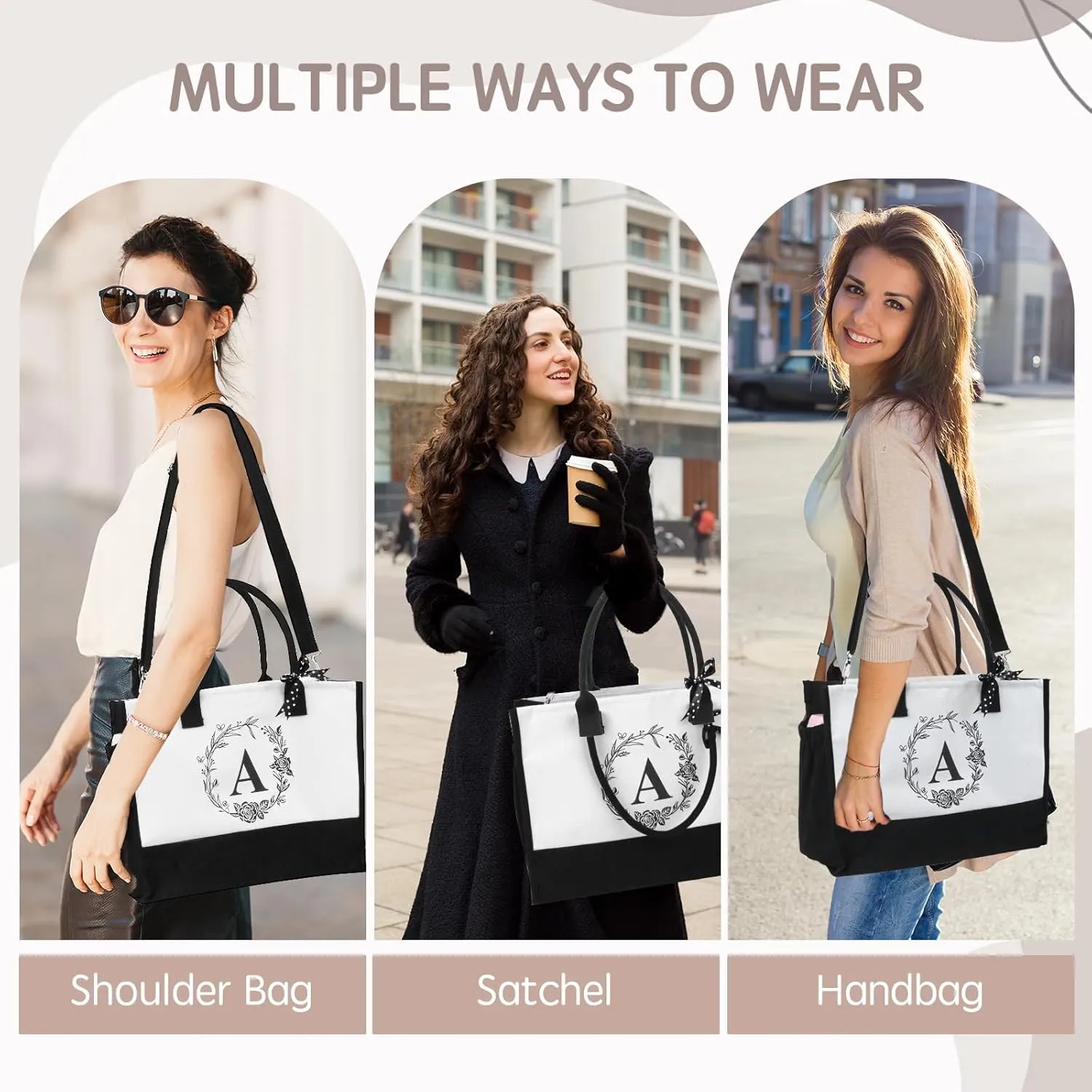 Initial Canvas Tote Bag, Birthday Gifts for Women, Monogrammed Beach Tote Bag for Mom Daughter Sister