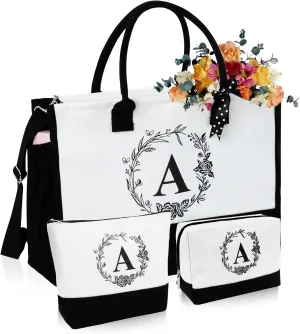 Initial Canvas Tote Bag, Birthday Gifts for Women, Monogrammed Beach Tote Bag for Mom Daughter Sister