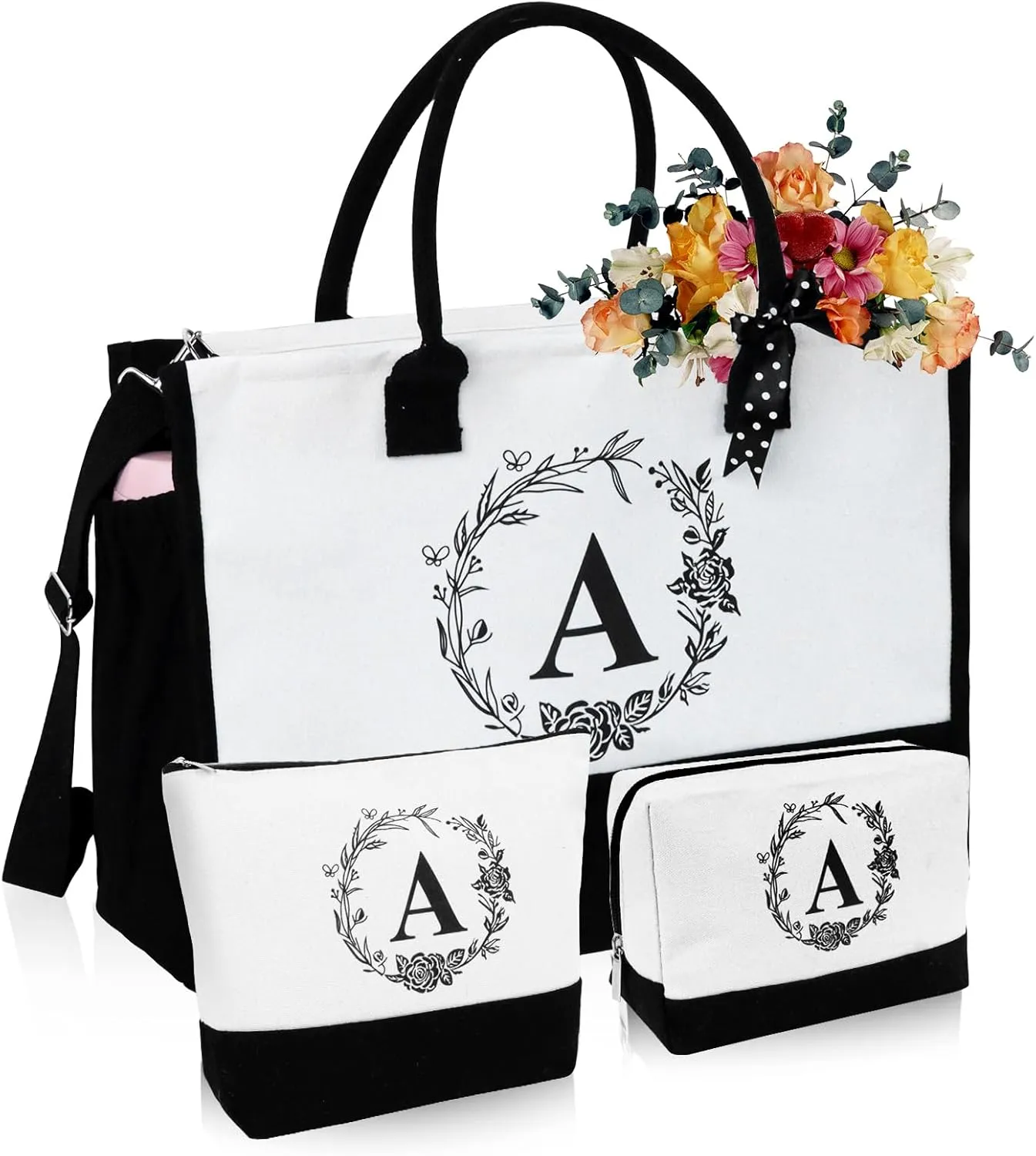 Initial Canvas Tote Bag, Birthday Gifts for Women, Monogrammed Beach Tote Bag for Mom Daughter Sister