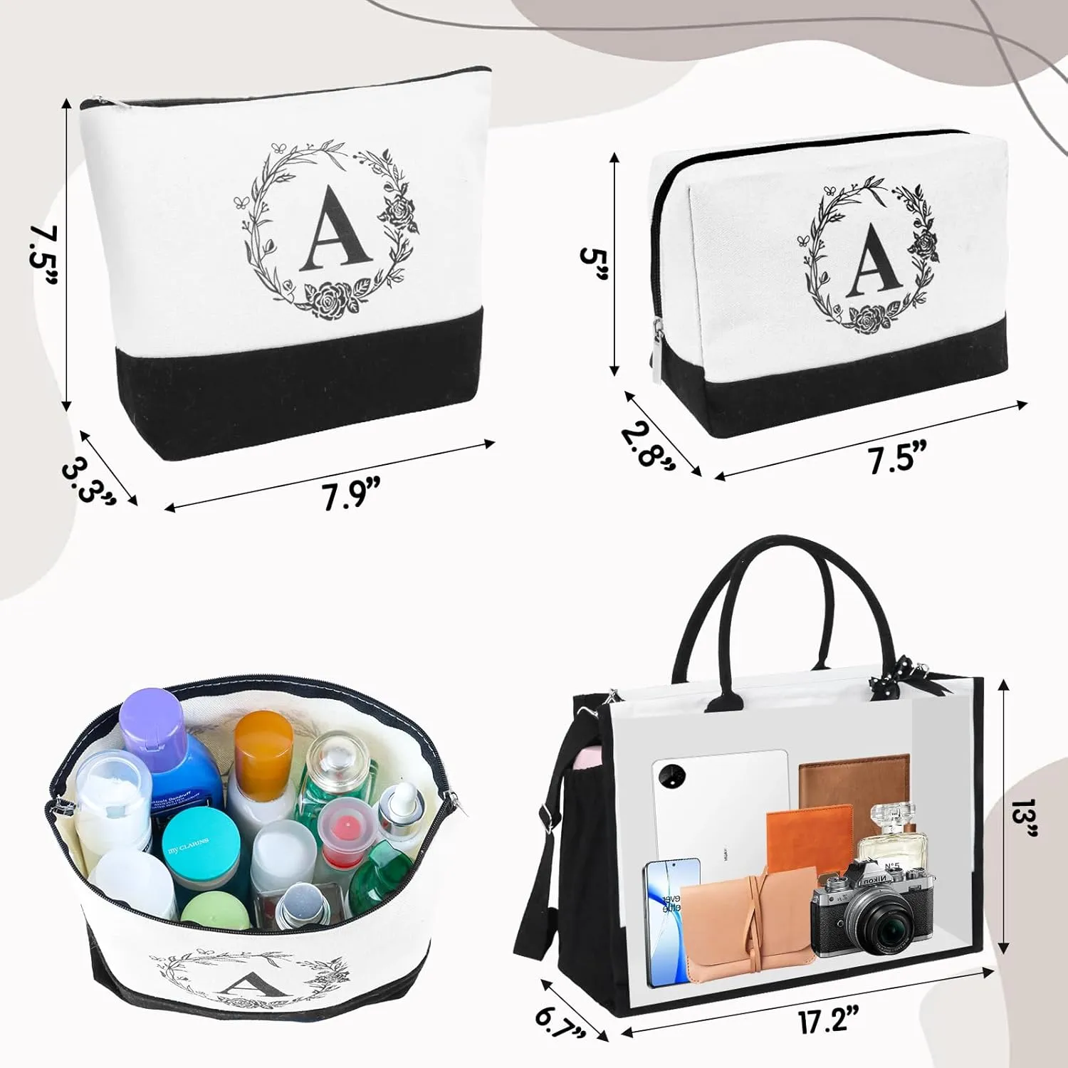 Initial Canvas Tote Bag, Birthday Gifts for Women, Monogrammed Beach Tote Bag for Mom Daughter Sister