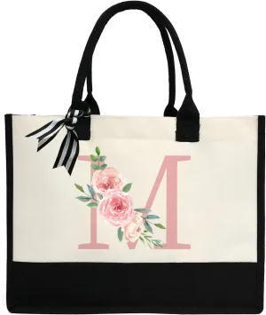 Initial Canvas Tote Bag for Women, Beach Bag with Inner Zipper Pocket Personalized Gifts for Wedding, Birthday