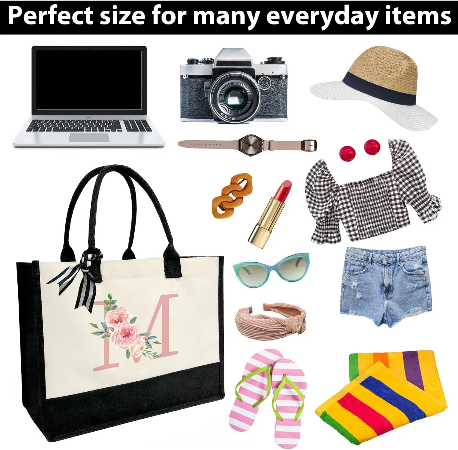 Initial Canvas Tote Bag for Women, Beach Bag with Inner Zipper Pocket Personalized Gifts for Wedding, Birthday