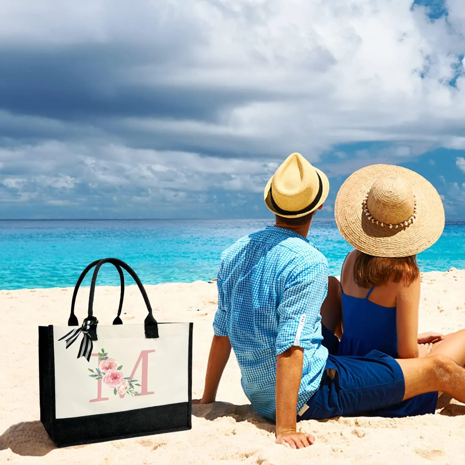 Initial Canvas Tote Bag for Women, Beach Bag with Inner Zipper Pocket Personalized Gifts for Wedding, Birthday