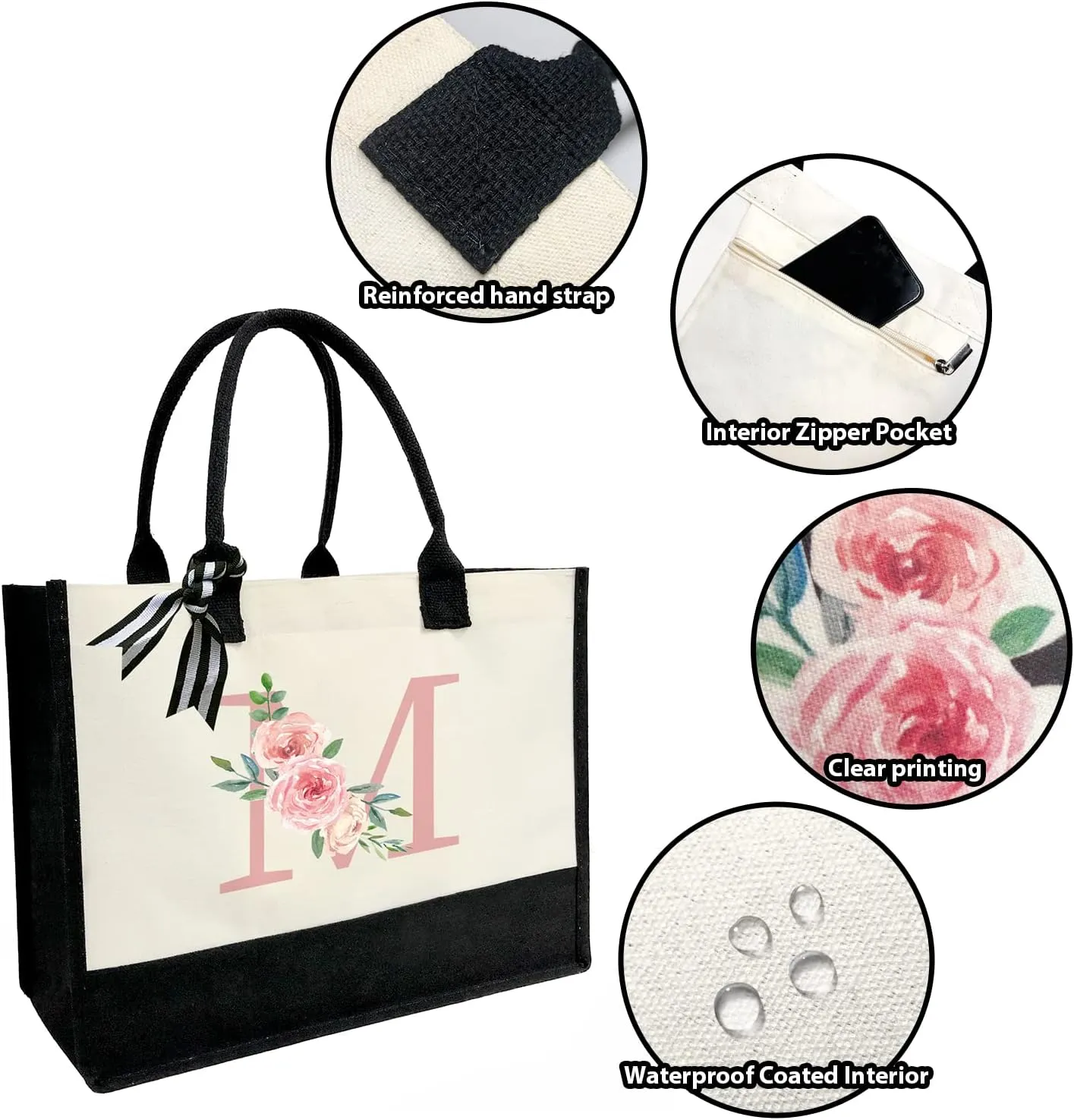 Initial Canvas Tote Bag for Women, Beach Bag with Inner Zipper Pocket Personalized Gifts for Wedding, Birthday