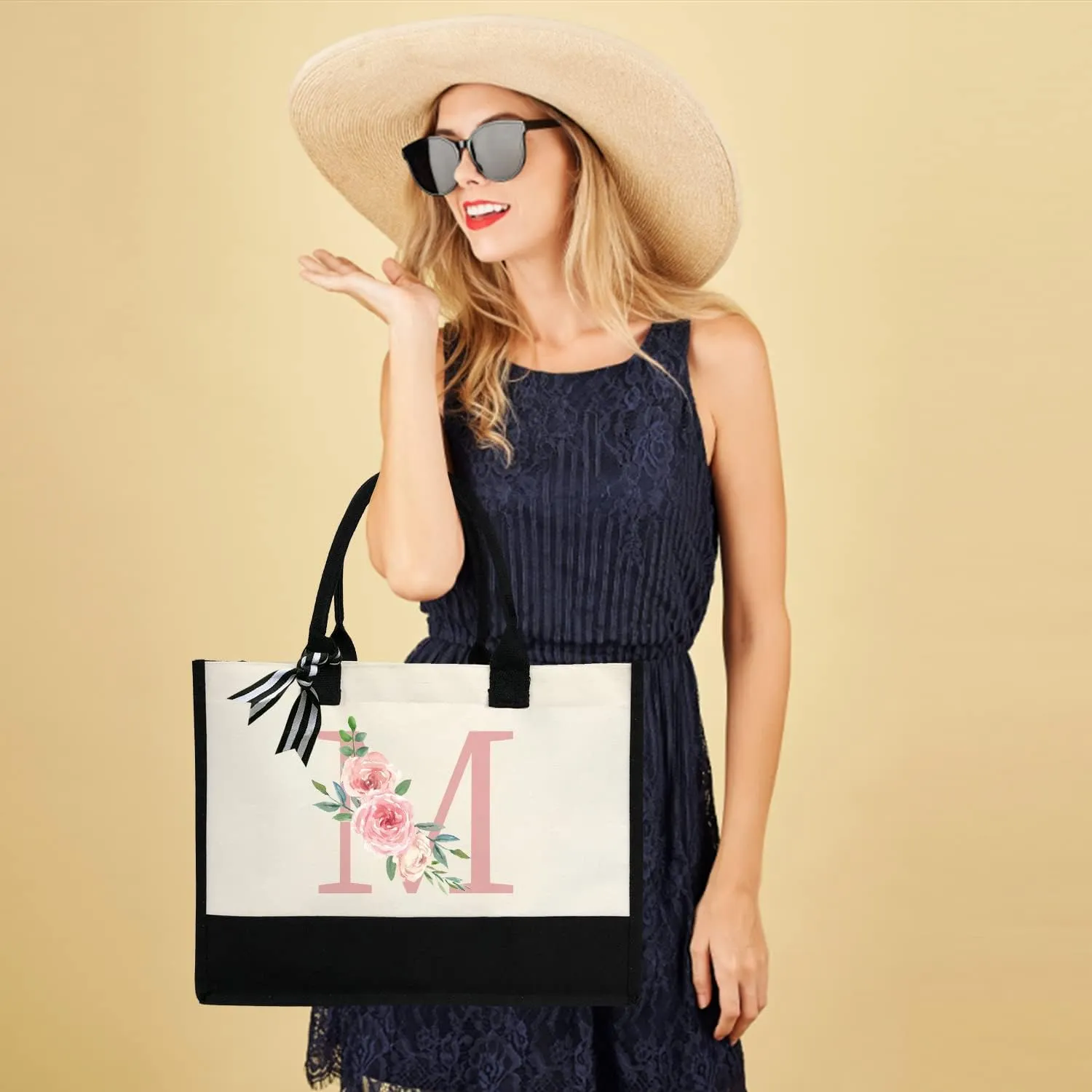 Initial Canvas Tote Bag for Women, Beach Bag with Inner Zipper Pocket Personalized Gifts for Wedding, Birthday