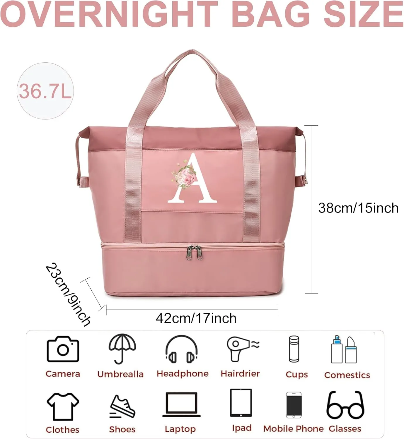 Initial Travel Duffel Bag for Women, Personalized Weekender Bag with Shoe Compartment, Gym Duffel Bag with Wet Pocket Carry on Overnight Bag, Birthday Gifts for Women, Pink (Letter J)
