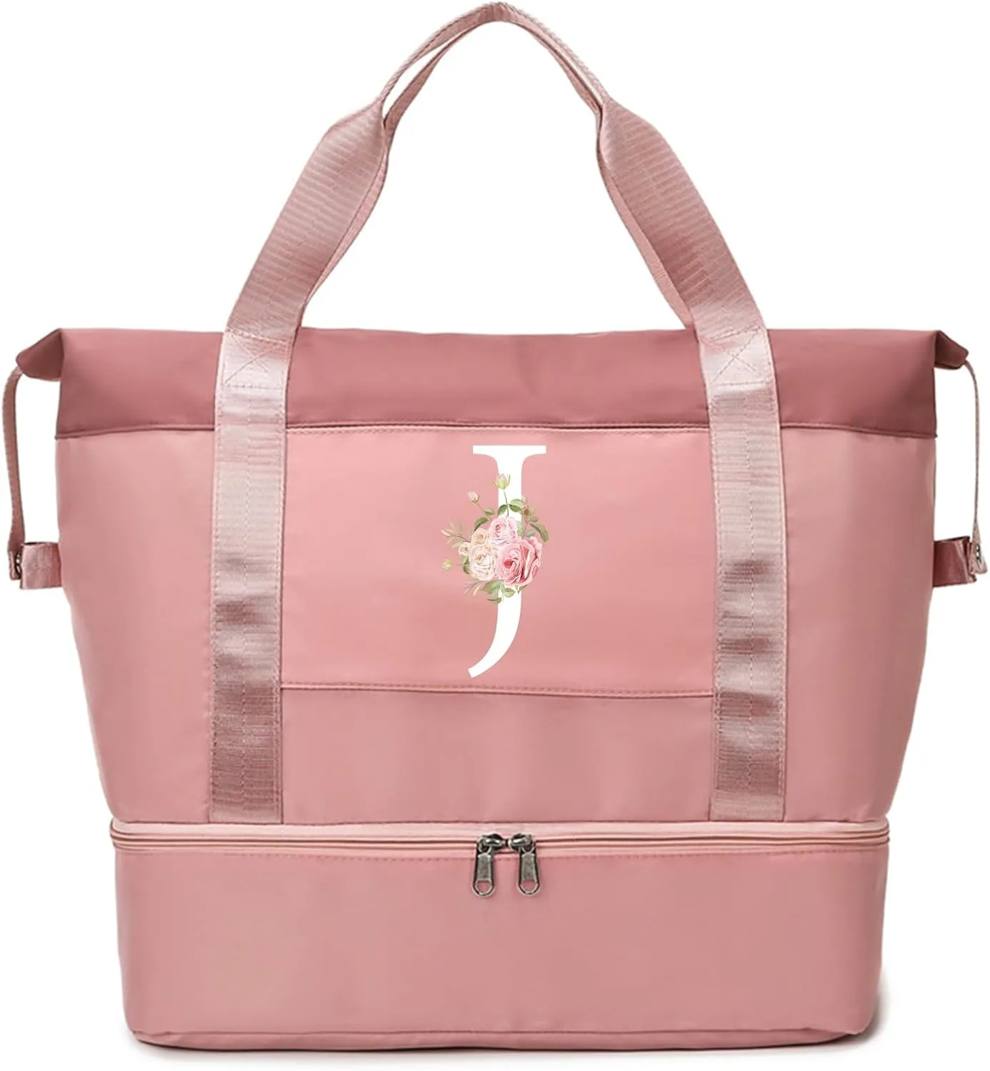 Initial Travel Duffel Bag for Women, Personalized Weekender Bag with Shoe Compartment, Gym Duffel Bag with Wet Pocket Carry on Overnight Bag, Birthday Gifts for Women, Pink (Letter J)