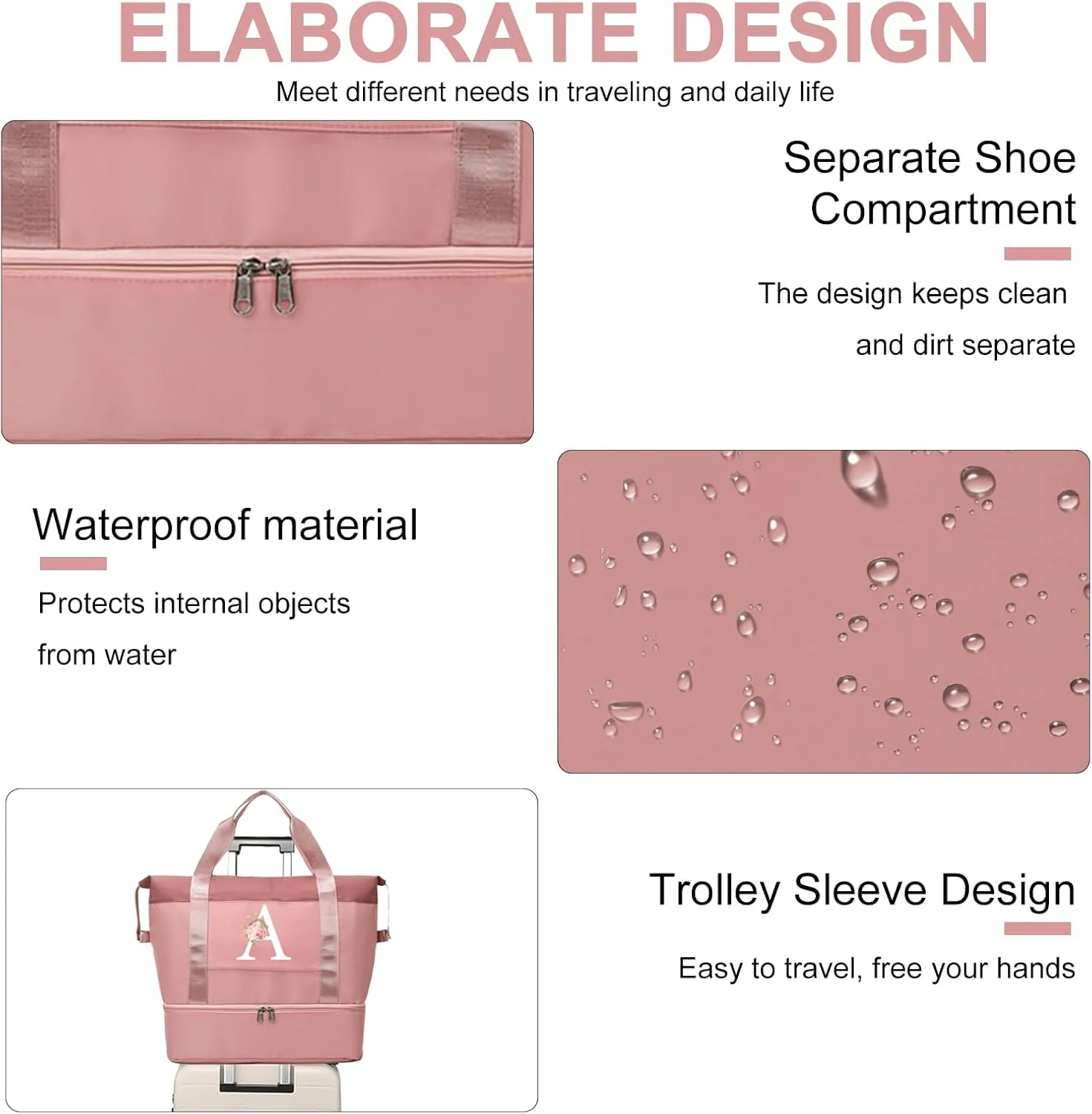 Initial Travel Duffel Bag for Women, Personalized Weekender Bag with Shoe Compartment, Gym Duffel Bag with Wet Pocket Carry on Overnight Bag, Birthday Gifts for Women, Pink (Letter J)