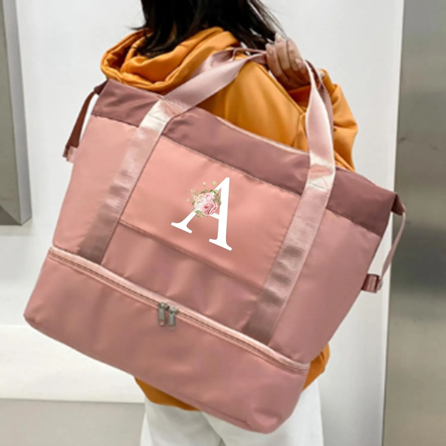 Initial Travel Duffel Bag for Women, Personalized Weekender Bag with Shoe Compartment, Gym Duffel Bag with Wet Pocket Carry on Overnight Bag, Birthday Gifts for Women, Pink (Letter J)