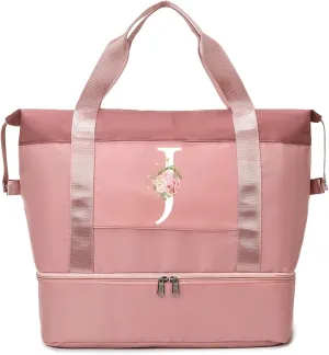 Initial Travel Duffel Bag for Women, Personalized Weekender Bag with Shoe Compartment, Gym Duffel Bag with Wet Pocket Carry on Overnight Bag, Birthday Gifts for Women, Pink (Letter J)