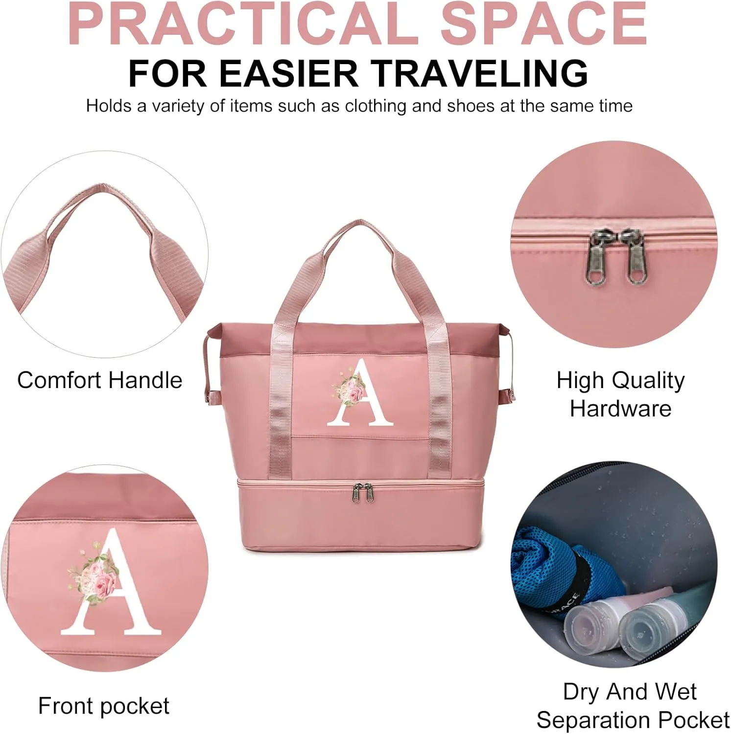 Initial Travel Duffel Bag for Women, Personalized Weekender Bag with Shoe Compartment, Gym Duffel Bag with Wet Pocket Carry on Overnight Bag, Birthday Gifts for Women, Pink (Letter J)