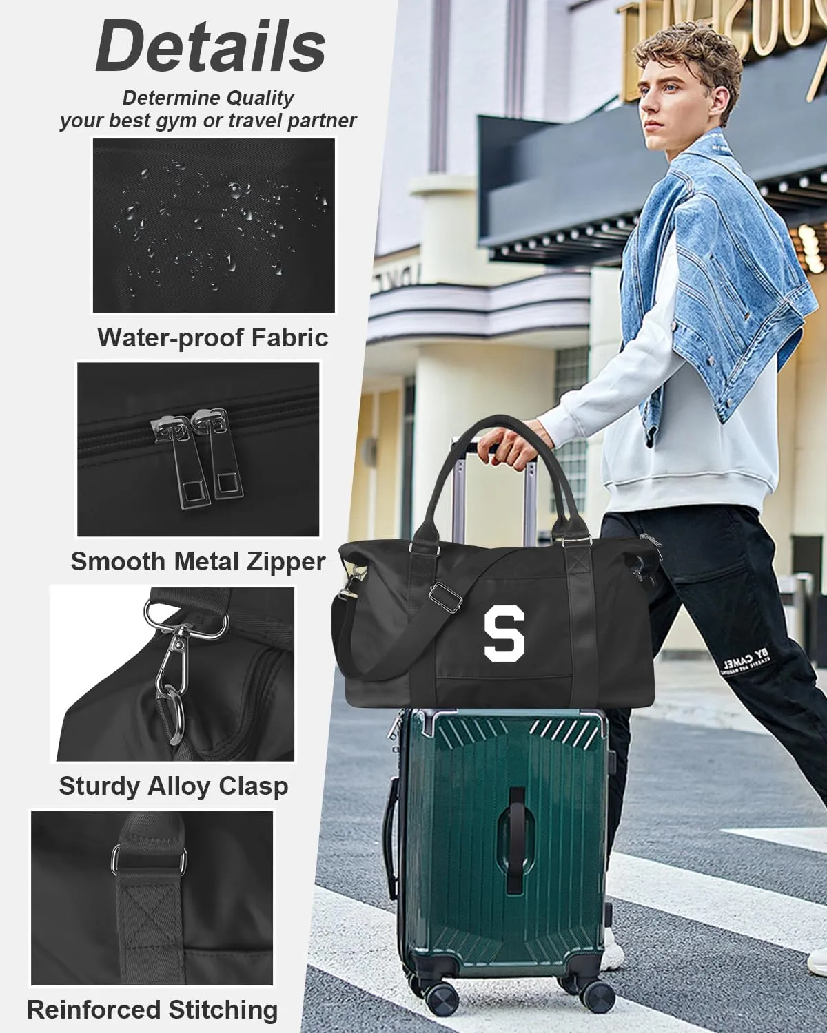 Initial Travel Duffel Bag Sports Gym Bag for Boys Teen Birthday Gifts,Black Personalized Weekender Bag Carry On Tote Bags for Men,Waterproof Overnight Luggage Bag Airplane Travel Essentials(Letter S)