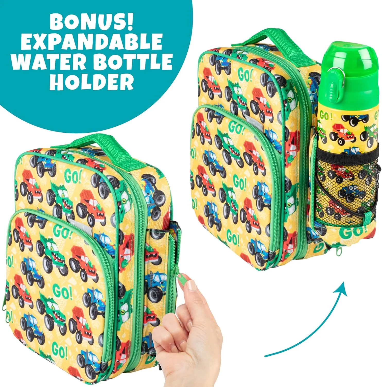Insulated Lunch Box w Snack Pocket & Water Bottle Holder-Boys or Kids Monster Truck School Lunchbox Tote Keeps Food Hotter or Colder Longer-Reusable Bag Fits Most Bento Boxes, Ice Packs-Back To School