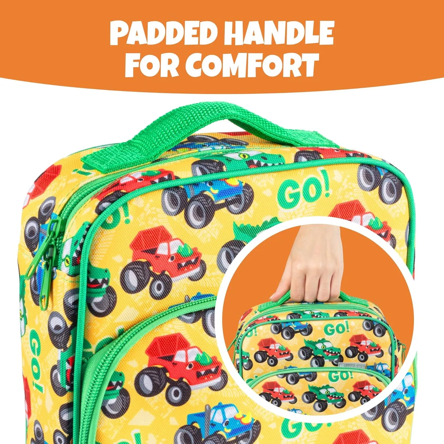 Insulated Lunch Box w Snack Pocket & Water Bottle Holder-Boys or Kids Monster Truck School Lunchbox Tote Keeps Food Hotter or Colder Longer-Reusable Bag Fits Most Bento Boxes, Ice Packs-Back To School