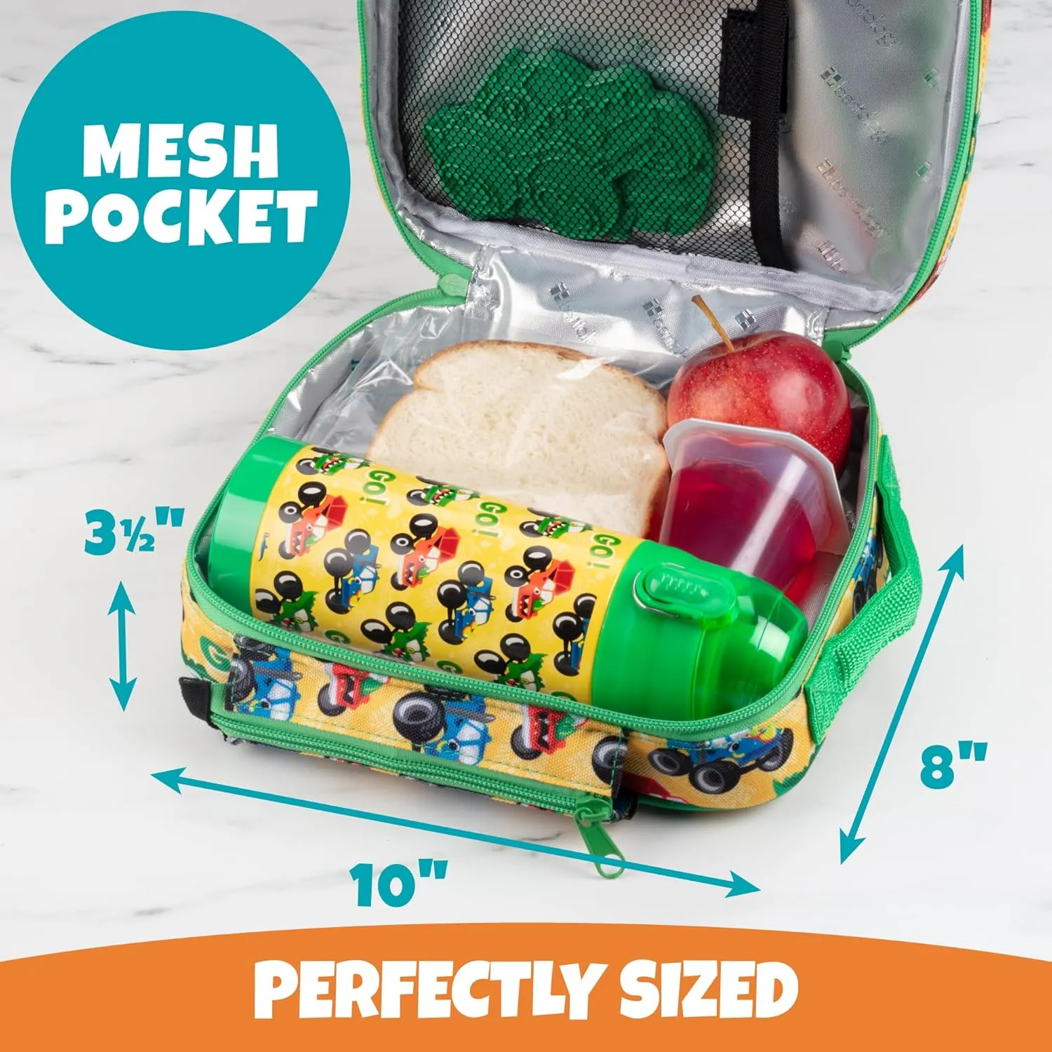 Insulated Lunch Box w Snack Pocket & Water Bottle Holder-Boys or Kids Monster Truck School Lunchbox Tote Keeps Food Hotter or Colder Longer-Reusable Bag Fits Most Bento Boxes, Ice Packs-Back To School