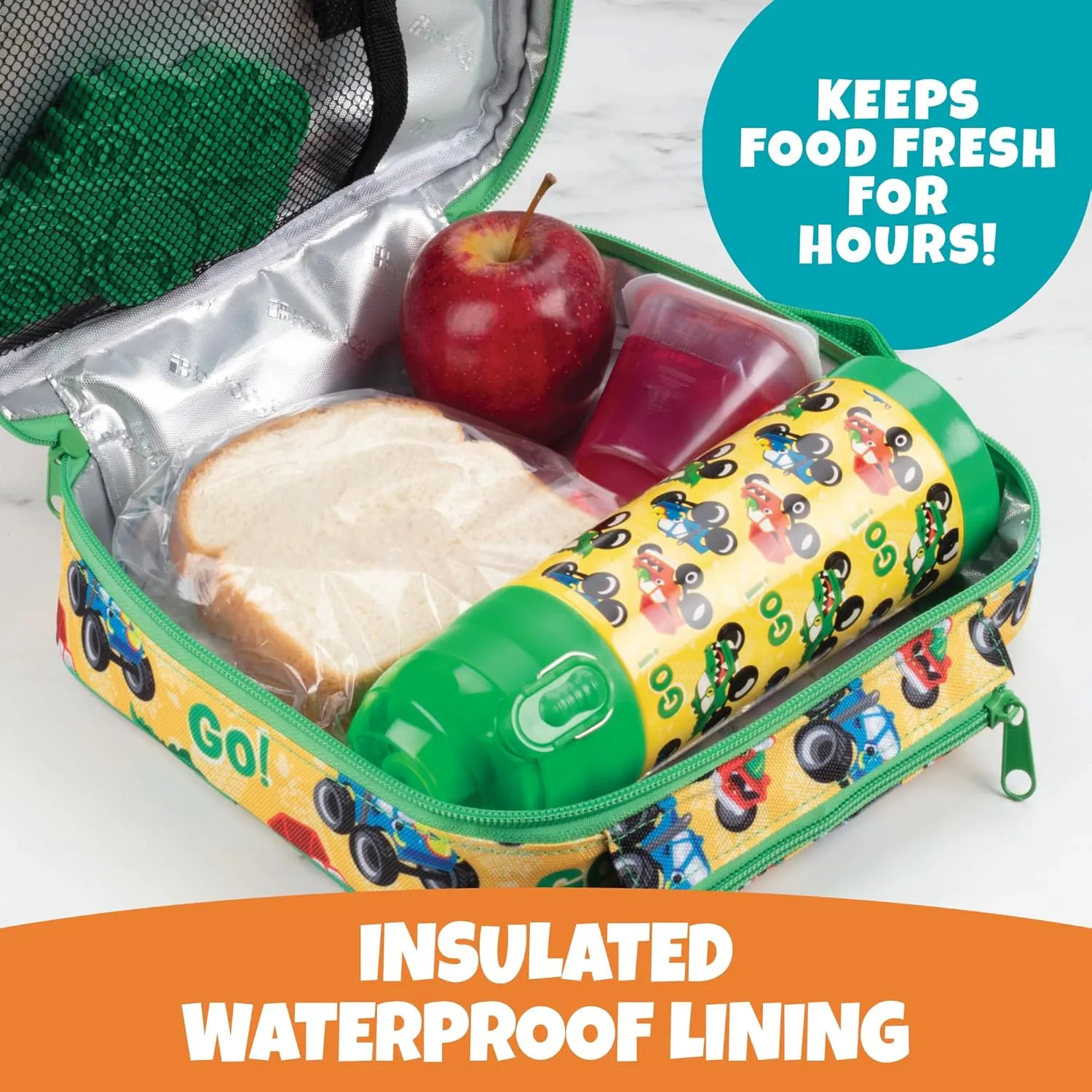 Insulated Lunch Box w Snack Pocket & Water Bottle Holder-Boys or Kids Monster Truck School Lunchbox Tote Keeps Food Hotter or Colder Longer-Reusable Bag Fits Most Bento Boxes, Ice Packs-Back To School