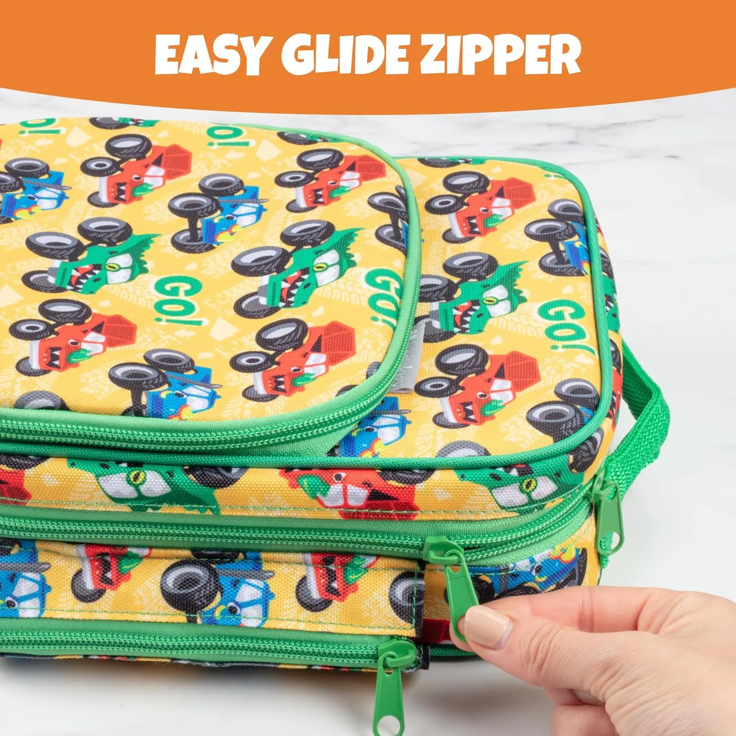 Insulated Lunch Box w Snack Pocket & Water Bottle Holder-Boys or Kids Monster Truck School Lunchbox Tote Keeps Food Hotter or Colder Longer-Reusable Bag Fits Most Bento Boxes, Ice Packs-Back To School
