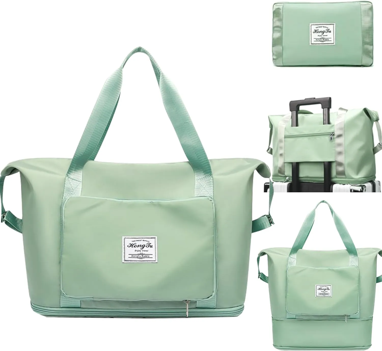 INVODA Travel Bag for Women - Expandable Weekender Overnight & Carry On Sports Tote Gym Bag - Waterproof Foldable Duffel - Green