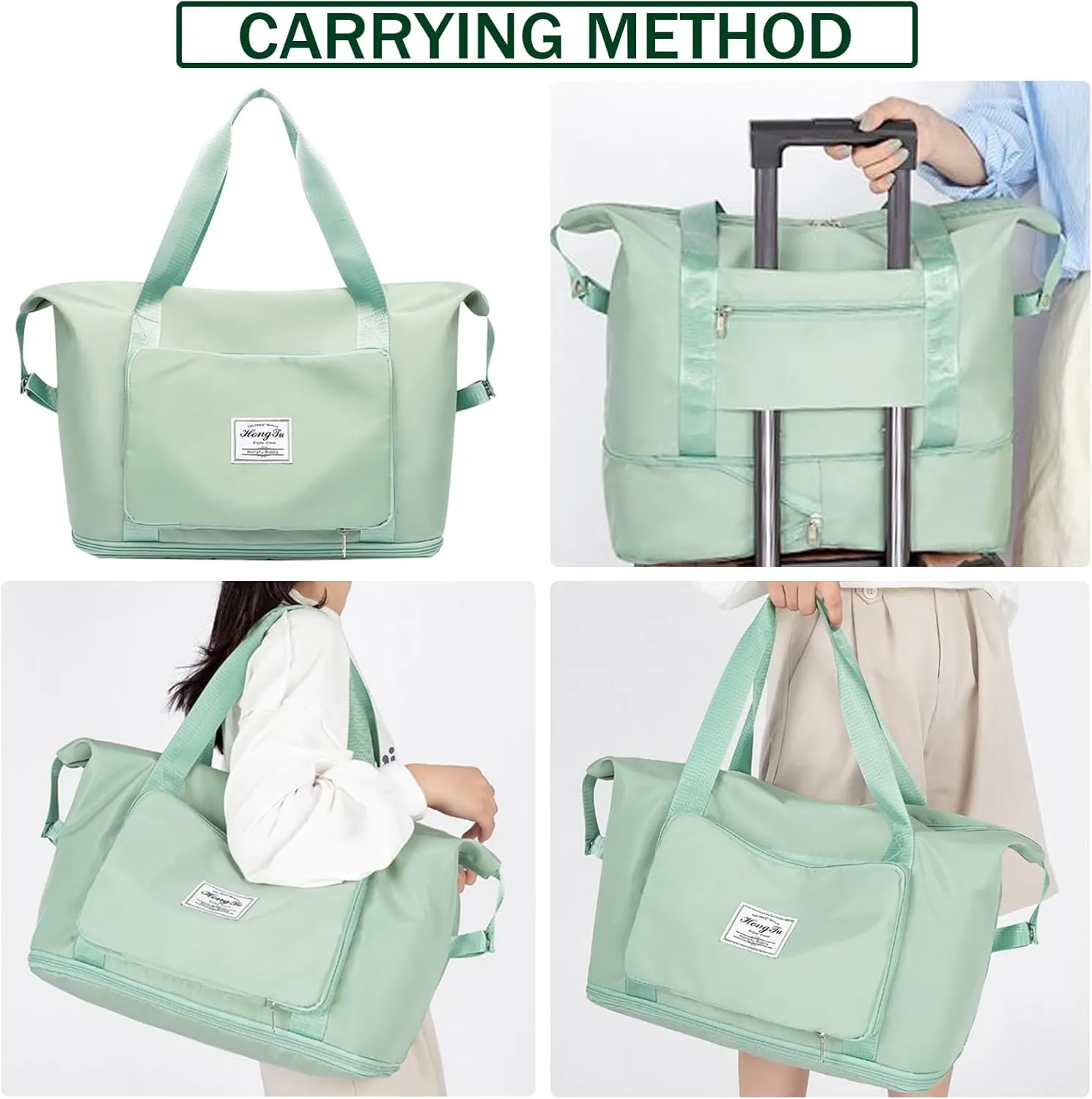 INVODA Travel Bag for Women - Expandable Weekender Overnight & Carry On Sports Tote Gym Bag - Waterproof Foldable Duffel - Green